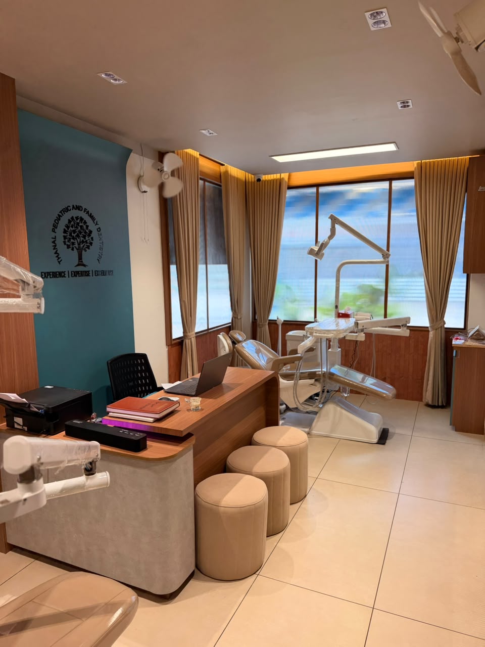 Consultation desk beside the sunlit treatment area